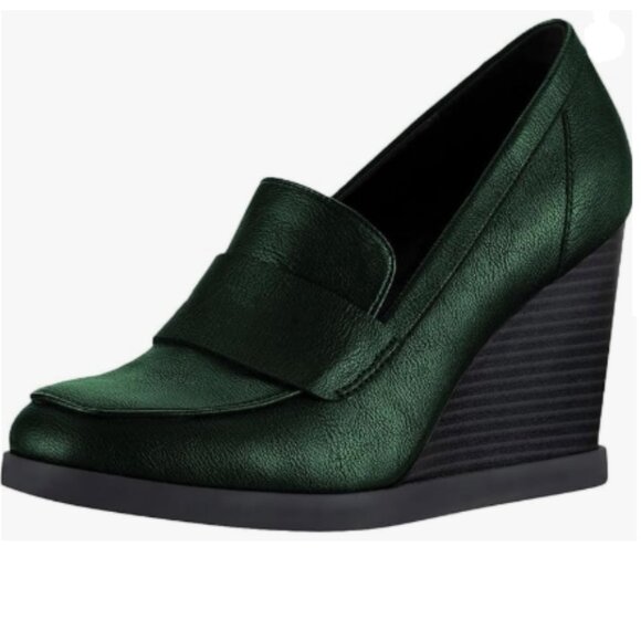 YDN Dark Green Pump Square Toe Slip On Loafers Wedges High Heeled Business Shoes - Picture 1 of 8